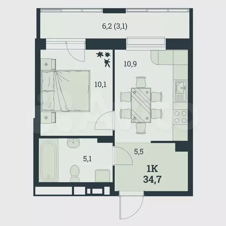 1-к. квартира, 34,7 м, 2/8 эт. - Фото 0