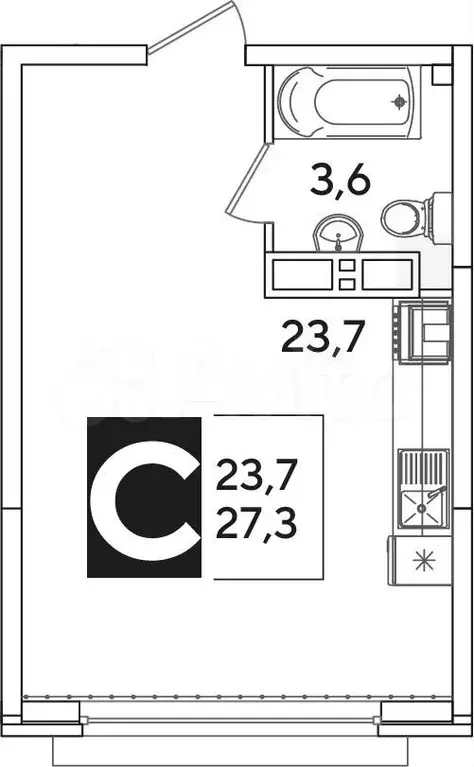 Квартира-студия, 27,3м, 13/16эт. - Фото 0