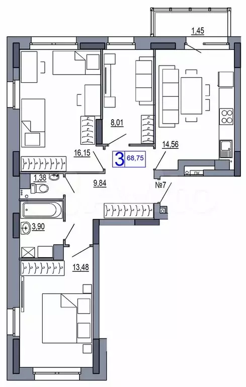 3-к. квартира, 68,8 м, 6/19 эт. - Фото 0