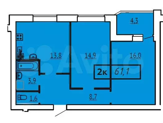 2-к. квартира, 61,1 м, 6/9 эт. - Фото 0