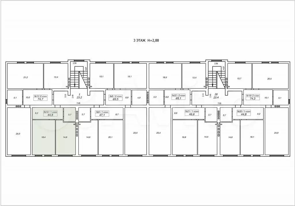 1-к. квартира, 44,9 м, 3/3 эт. - Фото 0