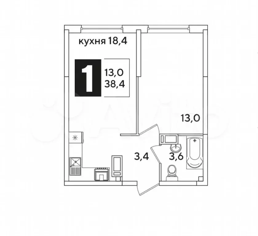 1-к. квартира, 38,4 м, 14/16 эт. - Фото 1