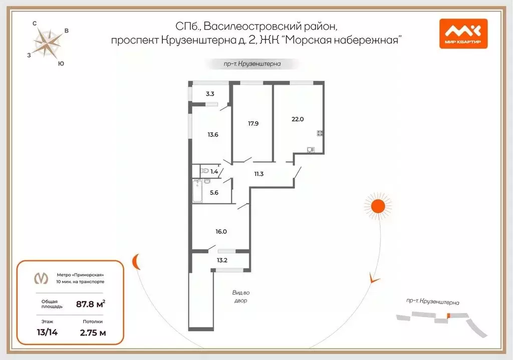 3-к кв. Санкт-Петербург просп. Крузенштерна, 2 (87.8 м) - Фото 2