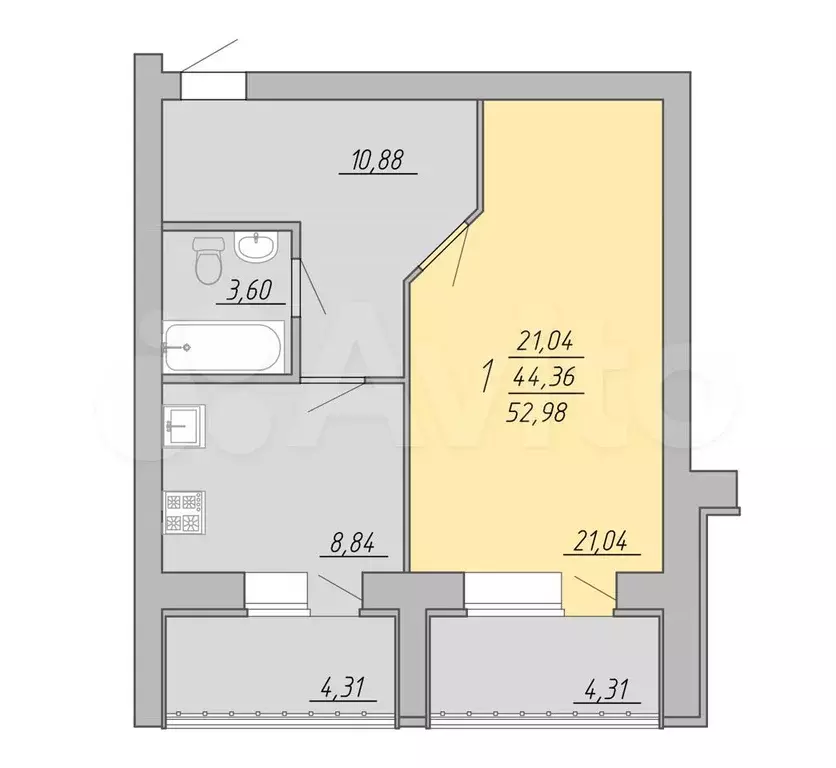 1-к. квартира, 53 м, 8/9 эт. - Фото 0