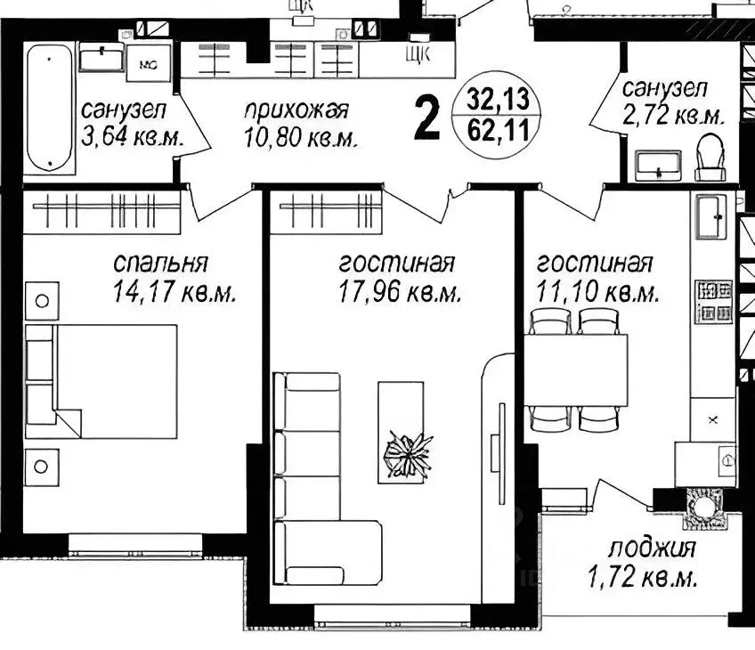 2-к кв. Калининградская область, Калининград ул. Кипарисовая, 4 (63.4 ... - Фото 2