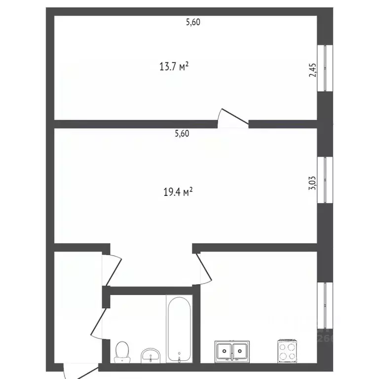 2-к кв. Ханты-Мансийский АО, Сургут ул. Энтузиастов, 39 (43.7 м) - Фото 1