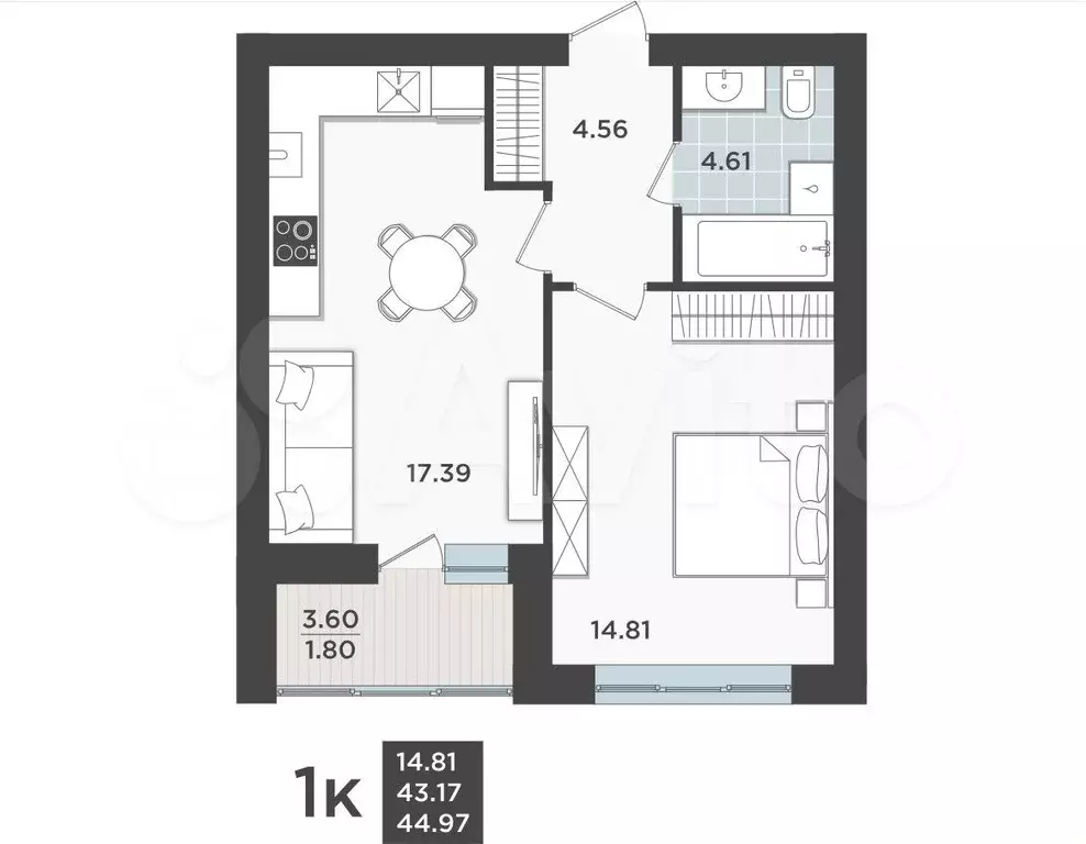 1-к. квартира, 43,3 м, 1/9 эт. - Фото 1
