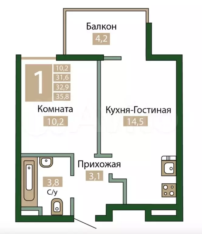 1-к. квартира, 33,1 м, 12/12 эт. - Фото 1