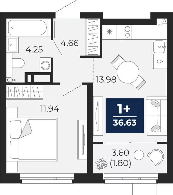 1-комнатная квартира: Тюмень, Арктическая улица, 16 (36.63 м) - Фото 1