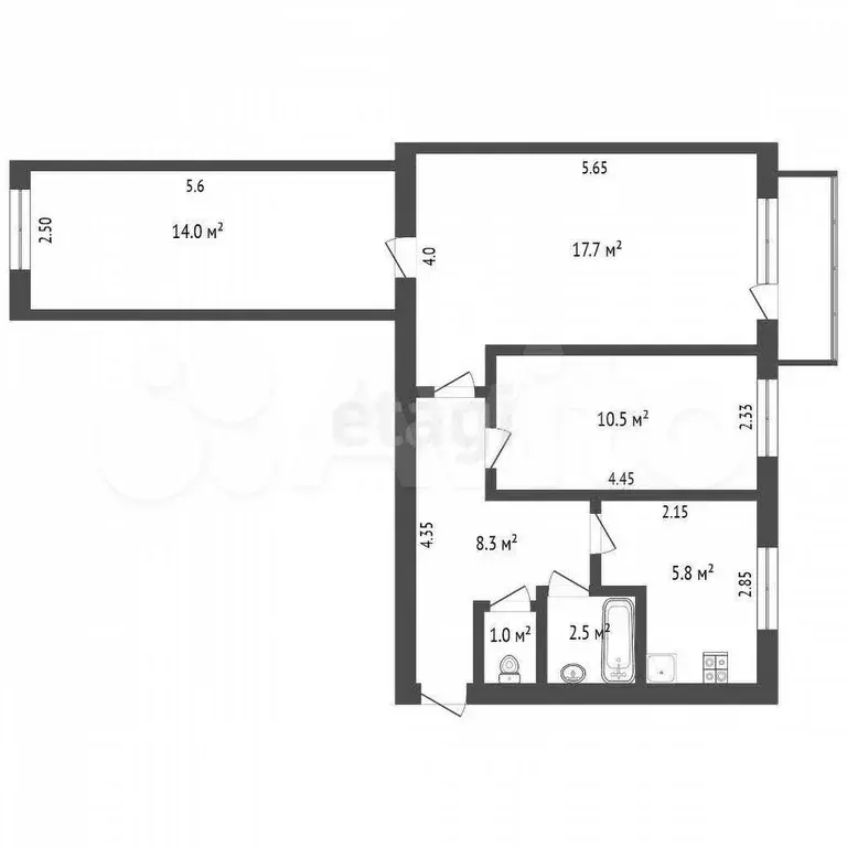 3-к. квартира, 59,8 м, 2/2 эт. - Фото 0