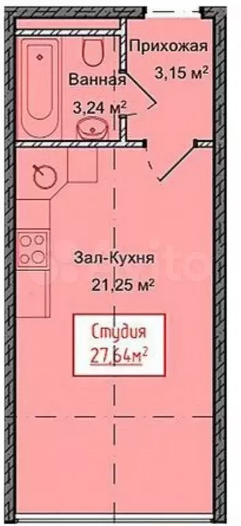 Квартира-студия, 27,6 м, 9/13 эт. - Фото 1