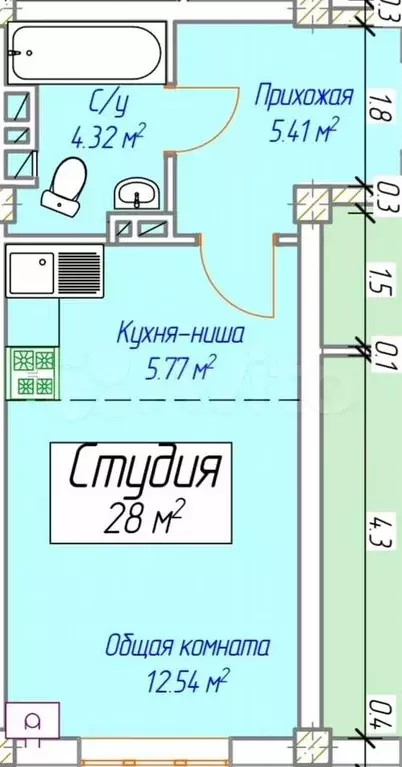 1-к. квартира, 28 м, 4/8 эт. - Фото 0