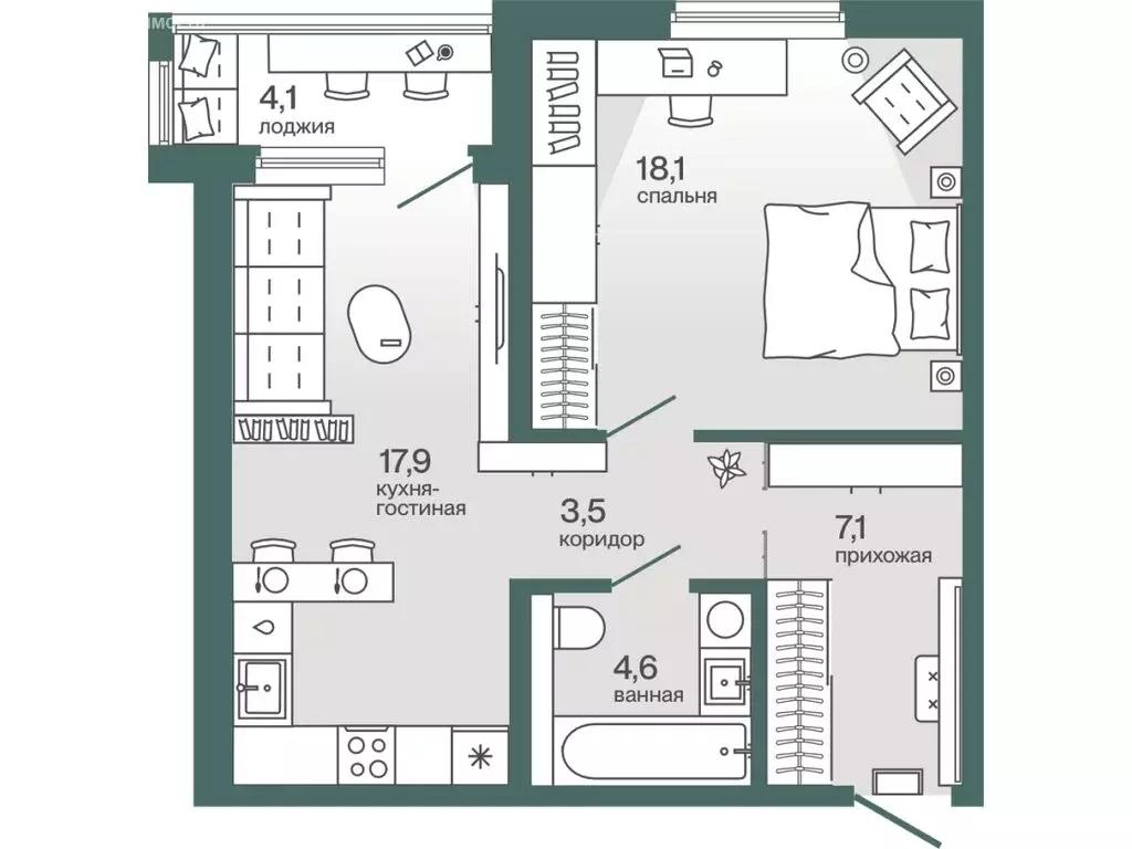 1-комнатная квартира: Тюмень, улица Игоря Комиссарова, 16 (53.26 м) - Фото 1