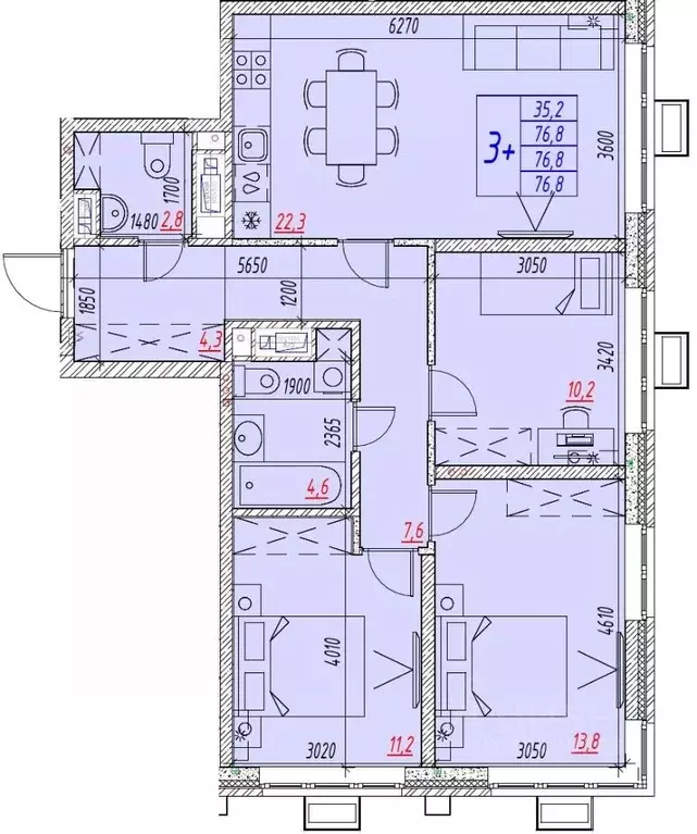 4-к кв. Астраханская область, Астрахань ул. Бэра, 29 (76.8 м) - Фото 1