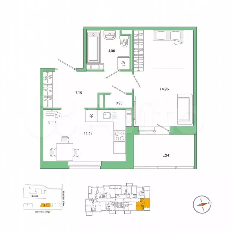 1-к. квартира, 43,6 м, 8/9 эт. - Фото 0