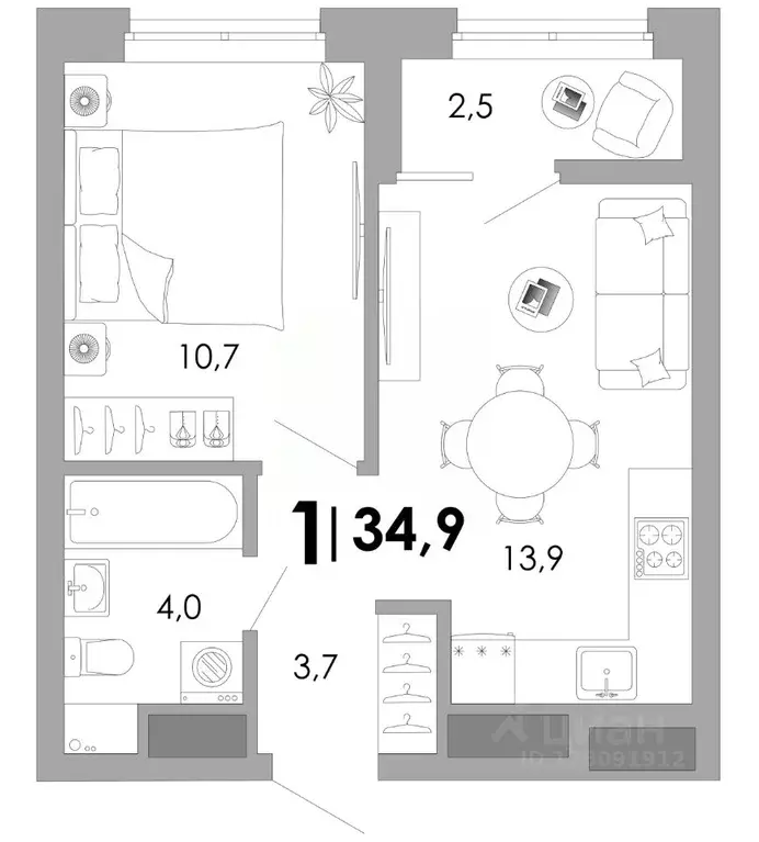 1-к кв. Владимирская область, Владимир Уно жилой комплекс (34.89 м) - Фото 1