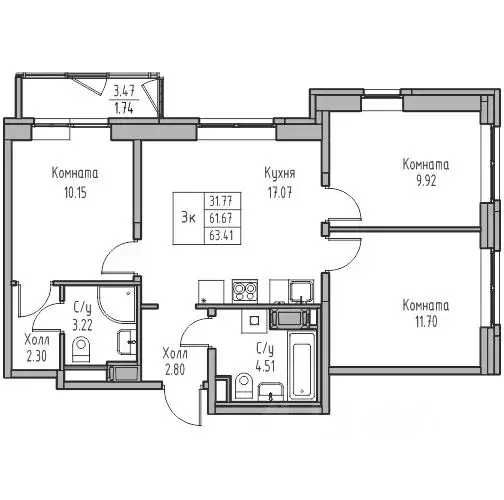 3-к кв. Санкт-Петербург ул. Ивинская, 1к4 (63.41 м) - Фото 1