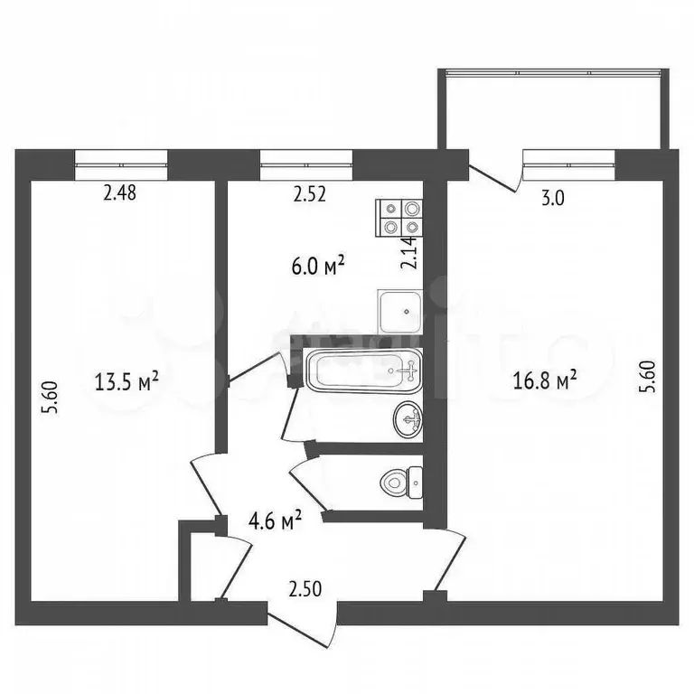 2-к. квартира, 43,6 м, 4/5 эт. - Фото 0