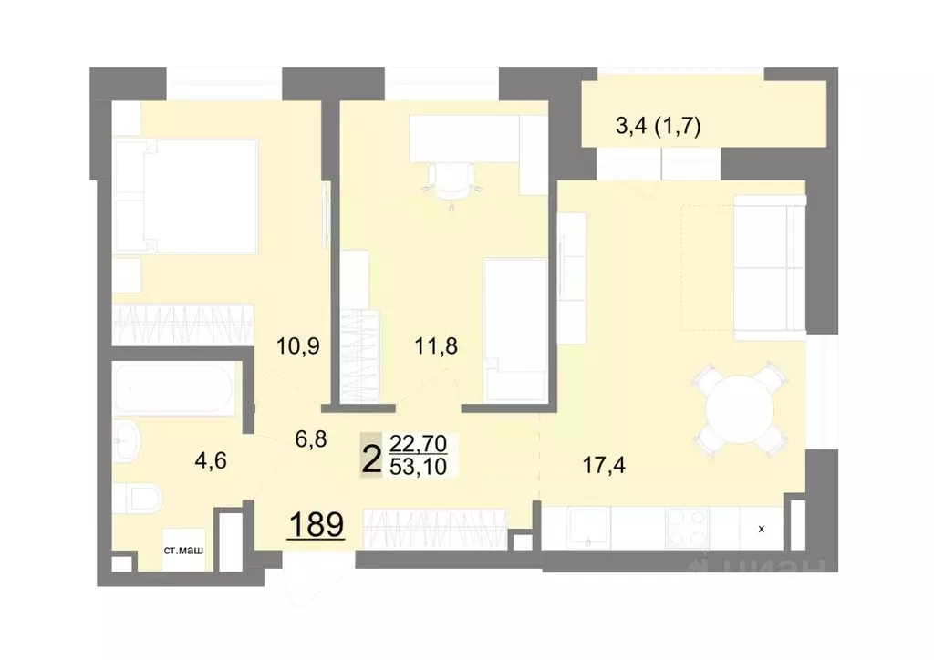 2-к кв. Свердловская область, Екатеринбург ул. Металлургов, 63/3 (53.1 ... - Фото 1
