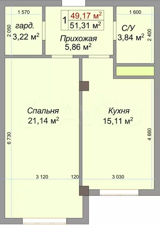 1-к. квартира, 49,2 м, 8/8 эт. - Фото 1