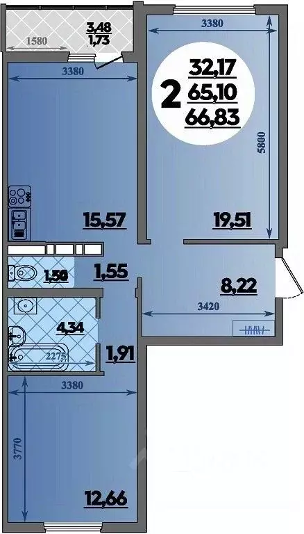 2-к кв. Адыгея, Майкоп ул. Михайлова, 7 (66.83 м) - Фото 1