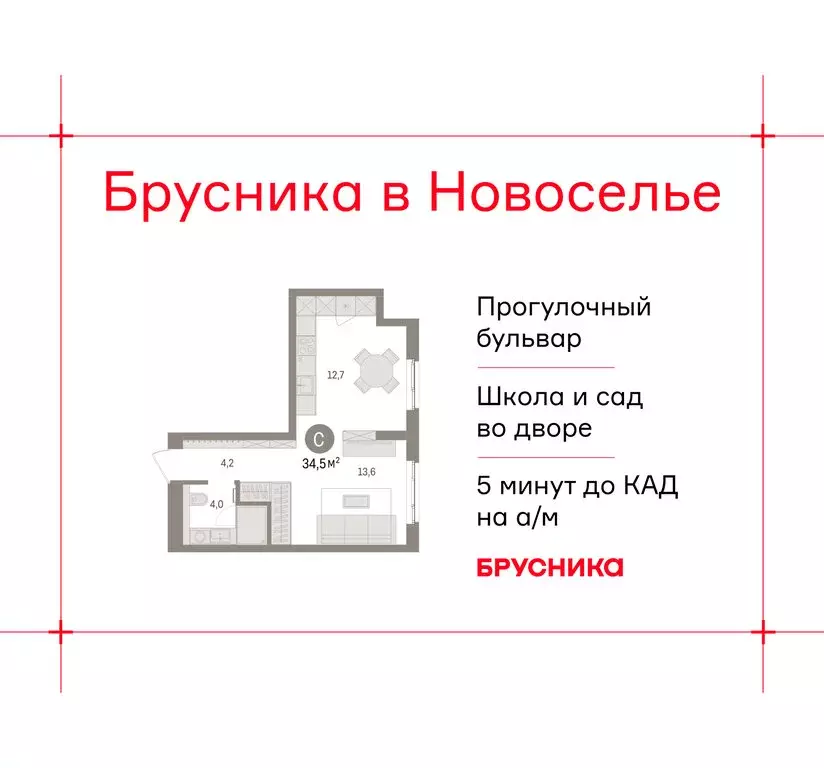 Квартира-студия: городской посёлок Новоселье, ЖК Брусника (34.56 м) - Фото 1