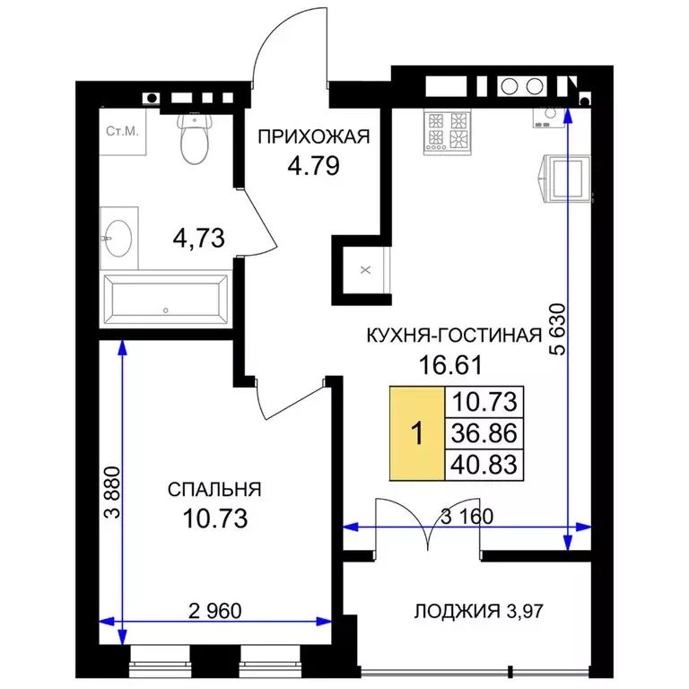 1-комнатная квартира: Гурьевск, жилой комплекс Включи (40.83 м) - Фото 0