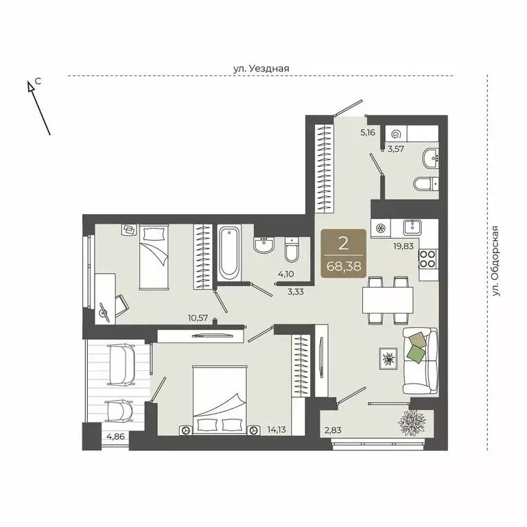 2-комнатная квартира: Тюмень, ЖК Мидгард на Уездной (68.38 м) - Фото 0