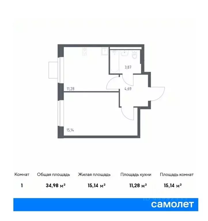 1-к кв. москва подольские кварталы жилой комплекс, к3 (34.98 м) - Фото 0