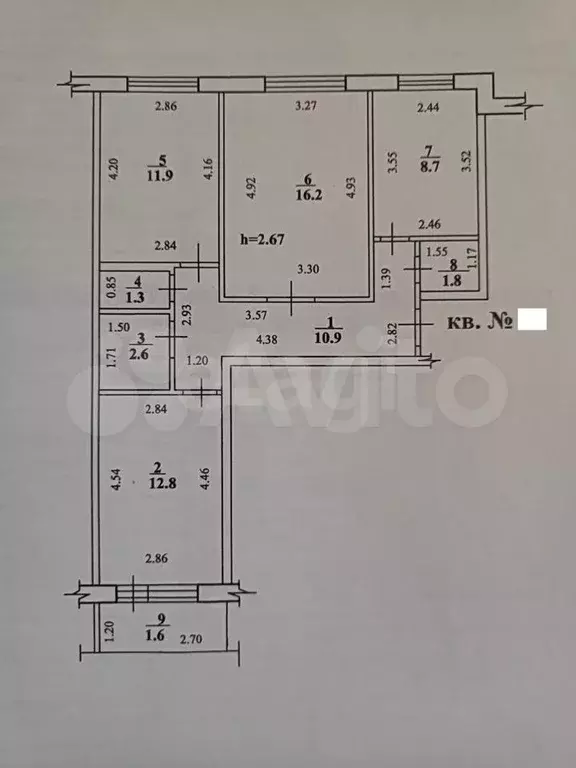 3-к. квартира, 66,2 м, 6/9 эт. - Фото 1