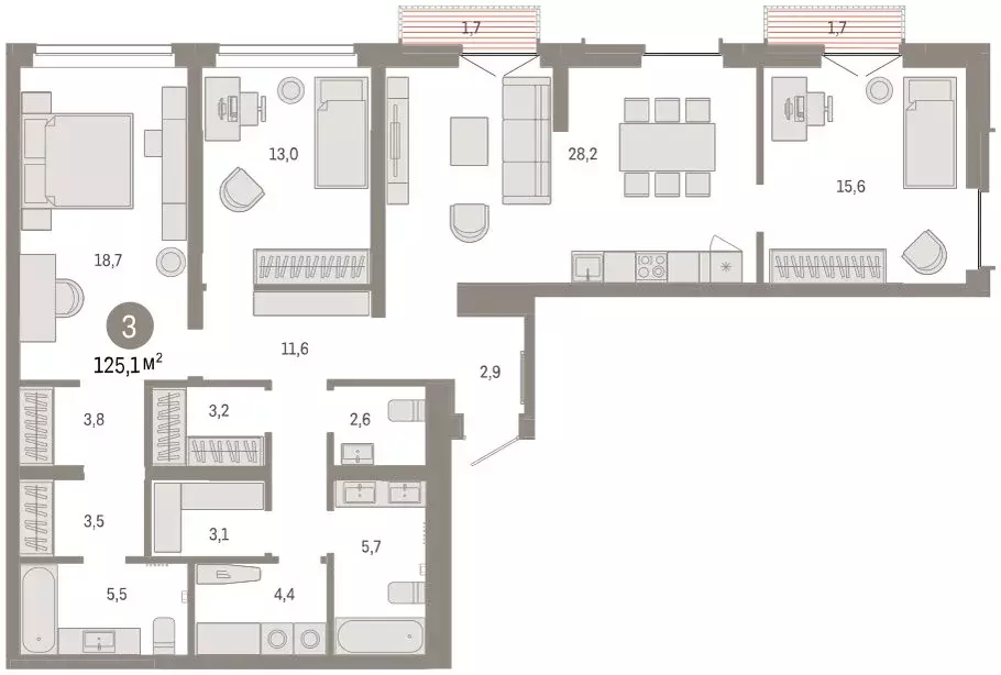 3-комнатная квартира: Тюмень, улица Республики, 205к2 (124.7 м) - Фото 2