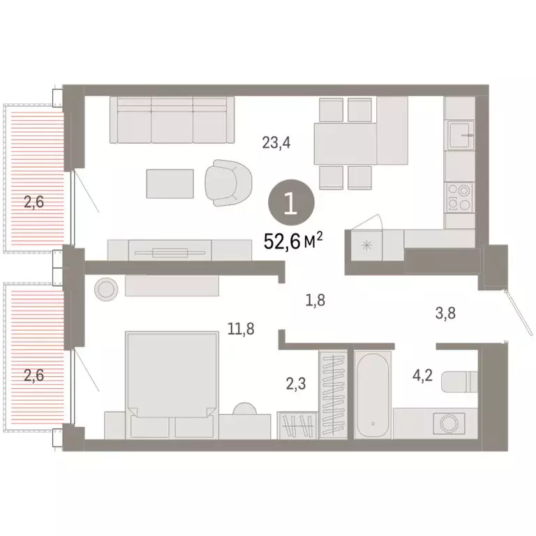 1-комнатная квартира: Тюмень, Мысовская улица, 26к2 (52.62 м) - Фото 2