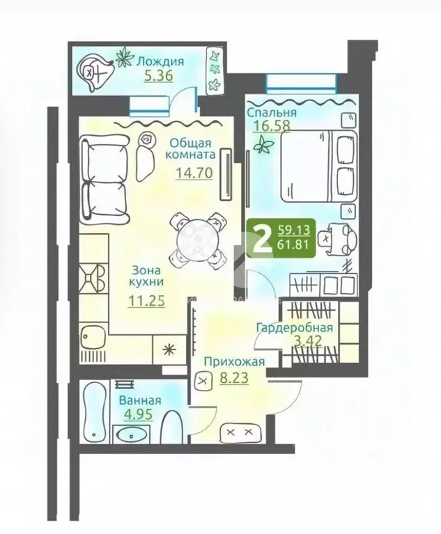 2-к кв. Новосибирская область, Новосибирск Дачная ул., 42/1 (58.9 м) - Фото 2