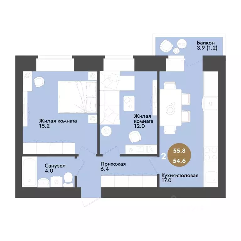 2-к кв. Вологодская область, Вологда ул. Преображенского (55.8 м) - Фото 1