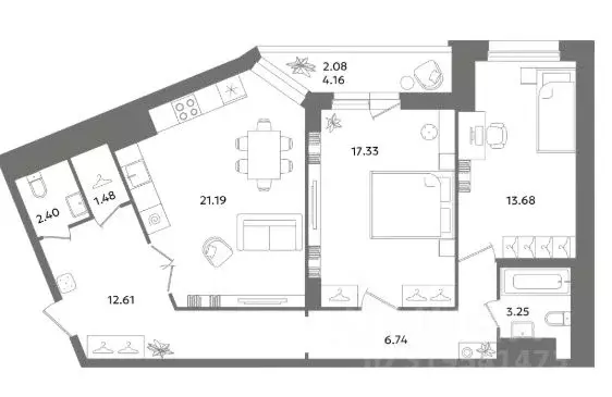 2-к кв. Санкт-Петербург ул. Кустодиева, 7к1 (84.2 м) - Фото 1