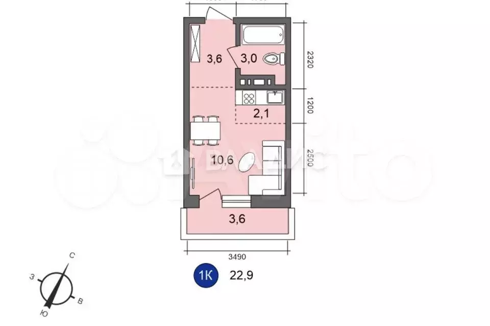 Квартира-студия, 22,9 м, 5/10 эт. - Фото 1