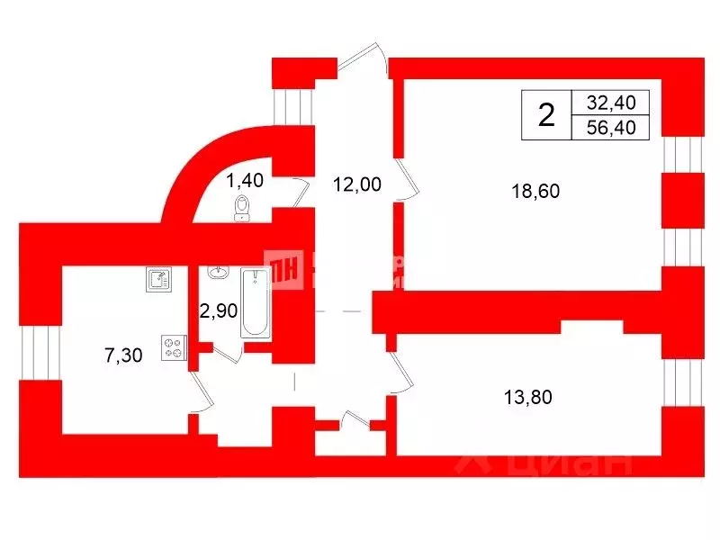 2-к кв. Санкт-Петербург Ковенский пер., 26 (56.4 м) - Фото 2