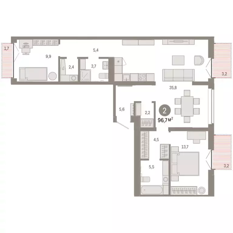 2-комнатная квартира: Тюмень, жилой комплекс Республики 205 (96.65 м) - Фото 2