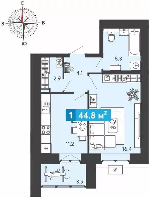 1-комнатная квартира: Засечное, Прибрежный бульвар, 5 (44.8 м) - Фото 1