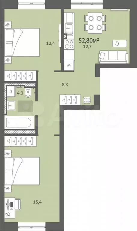 2-к. квартира, 52,8 м, 2/9 эт. - Фото 0