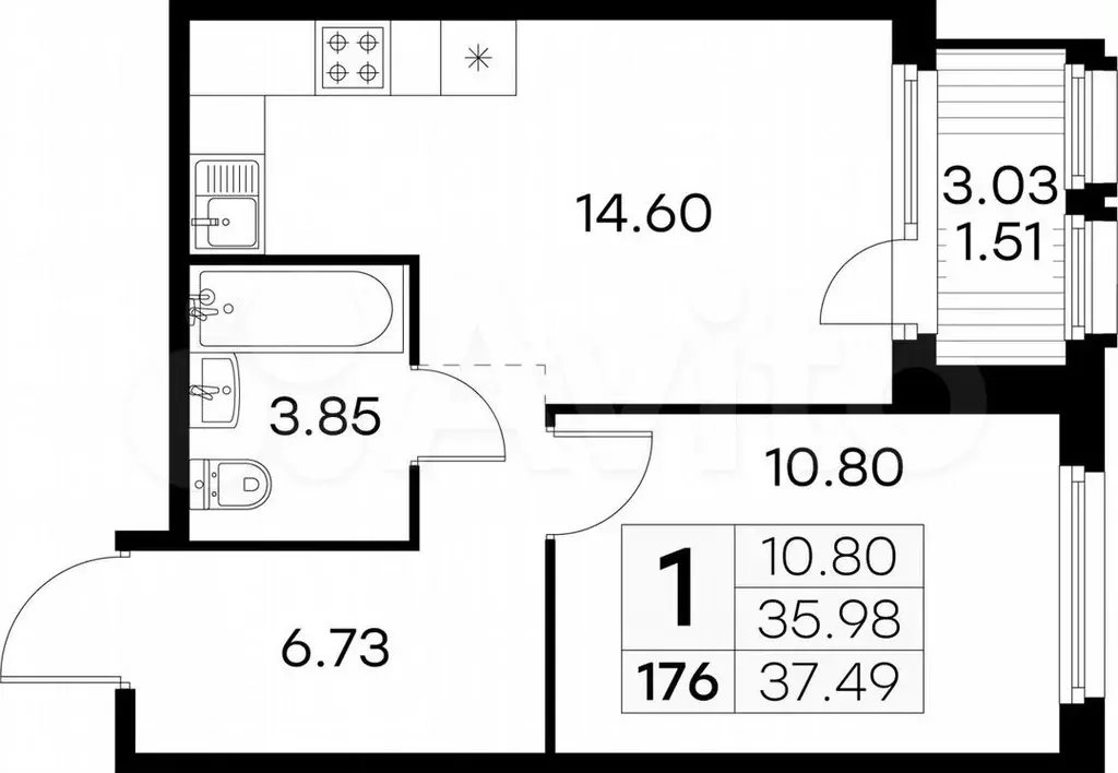 1-к. квартира, 37,5м, 4/15эт. - Фото 0