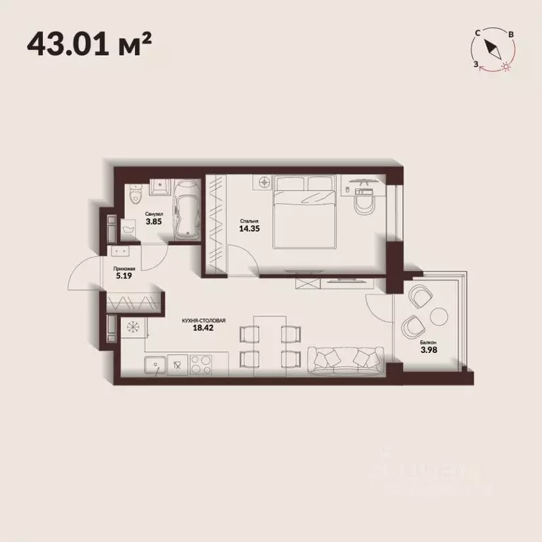 1-к кв. Приморский край, Владивосток Каскада жилой комплекс (43.0 м) - Фото 1