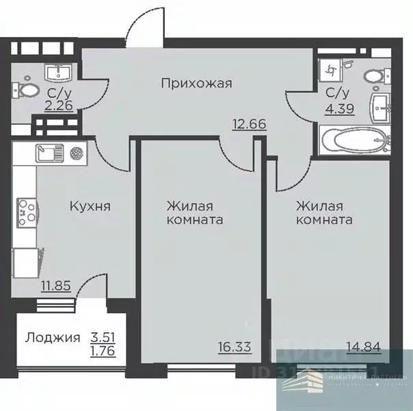 2-к кв. Воронежская область, Воронеж ул. Ломоносова, 116Б (64.1 м) - Фото 0