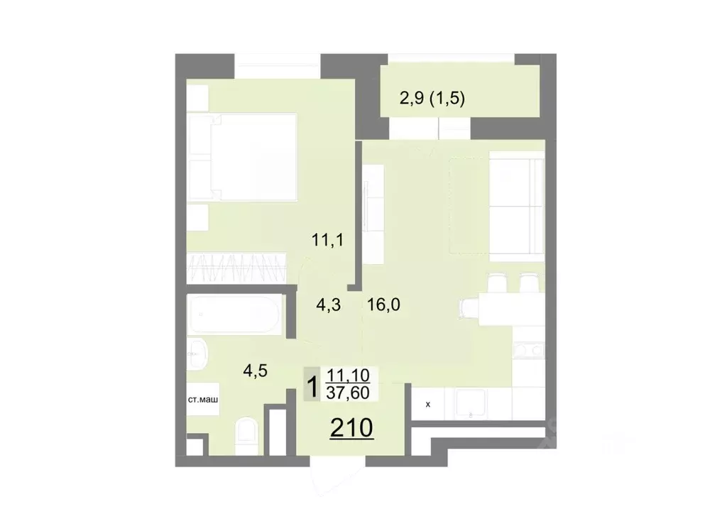 1-к кв. Свердловская область, Екатеринбург ул. Металлургов, 63/3 (37.6 ... - Фото 1