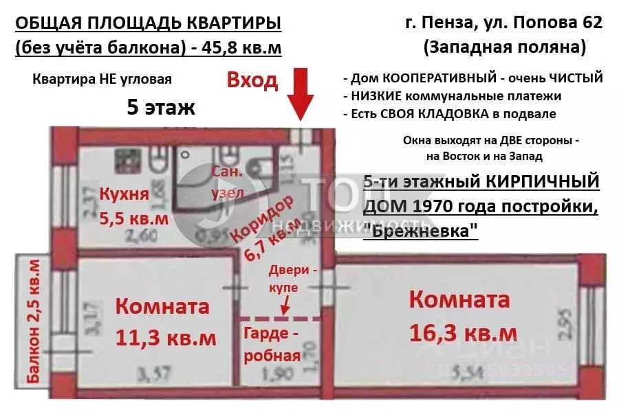 2-к кв. Пензенская область, Пенза ул. Попова, 62 (45.8 м) - Фото 2