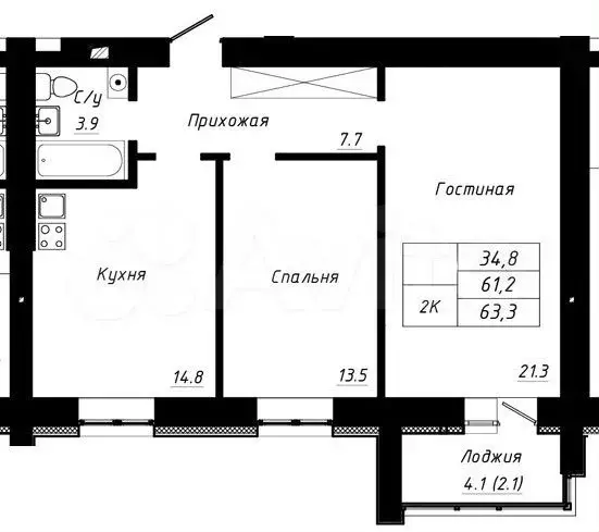 2-к. квартира, 63,3 м, 3/10 эт. - Фото 1