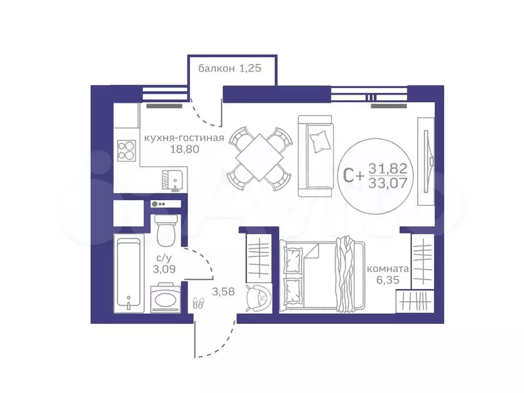 Квартира-студия, 31,8 м, 9/10 эт. - Фото 1