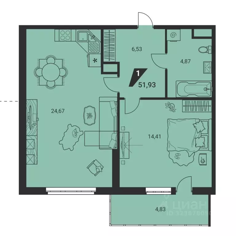 1-к кв. Свердловская область, Екатеринбург ул. Громова, 26/3 (51.93 м) - Фото 2
