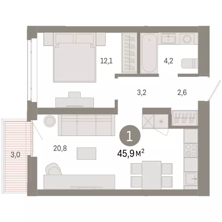 1-комнатная квартира: Тюмень, улица Республики, 205к3 (45.87 м) - Фото 2