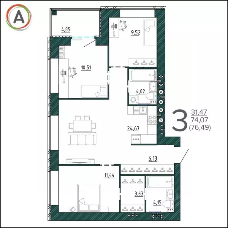 3-к кв. Брянская область, Брянск ул. Ульянова (76.49 м) - Фото 0